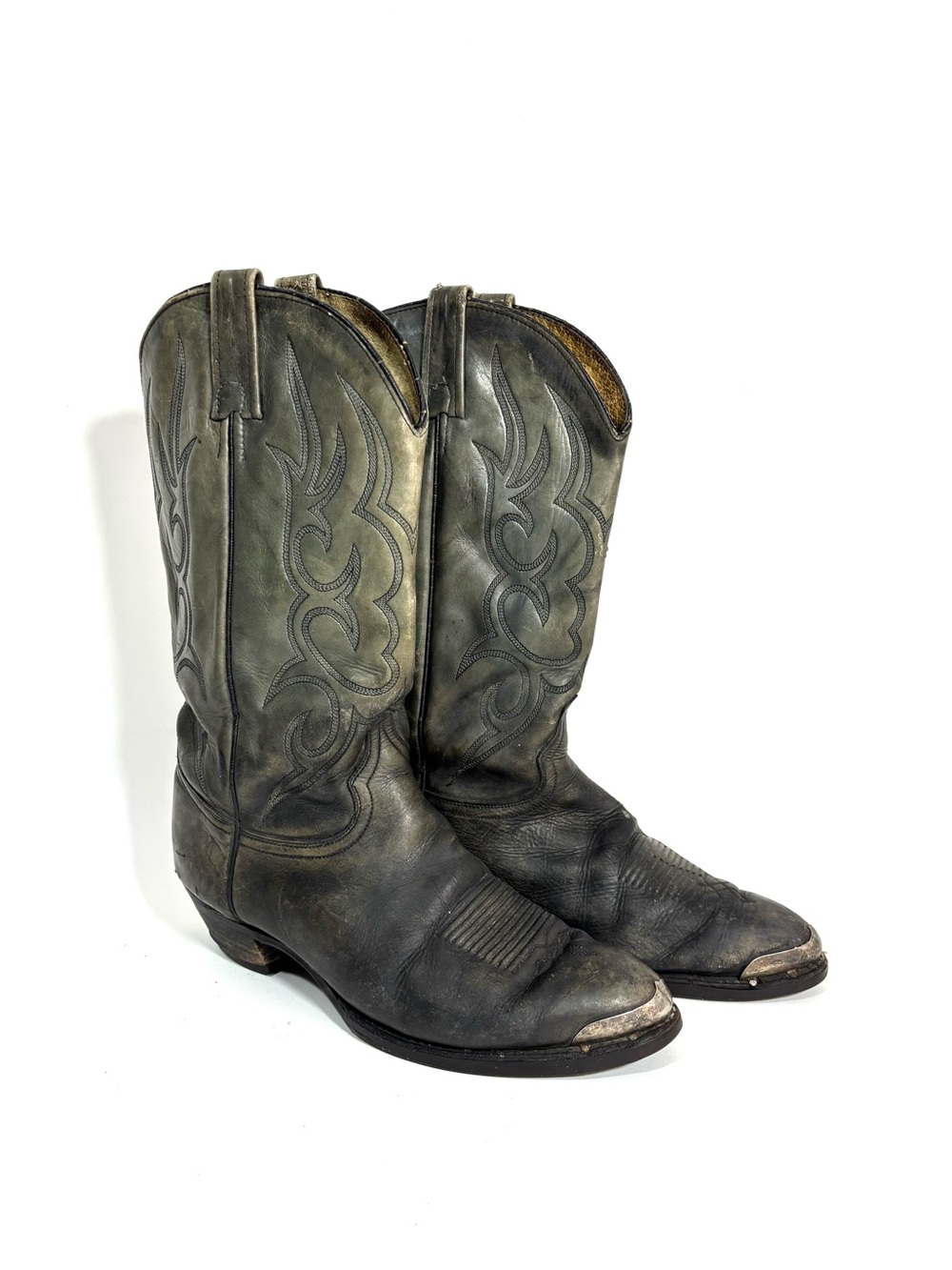 Vintage Laredo Black Leather Cowboy Boots Metal Toe Guards Distressed Sz 10.5